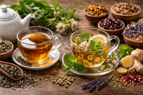 Différence entre thé et infusion avec tasses de thé vert et tisane aux plantes sur table en bois